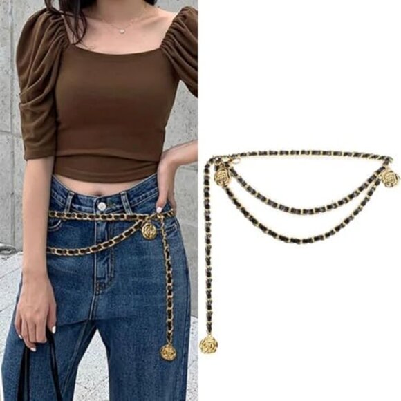 NWT Black and Gold Chain Belt Multilayer w/ Camellia Flower Pendants - Picture 5 of 5